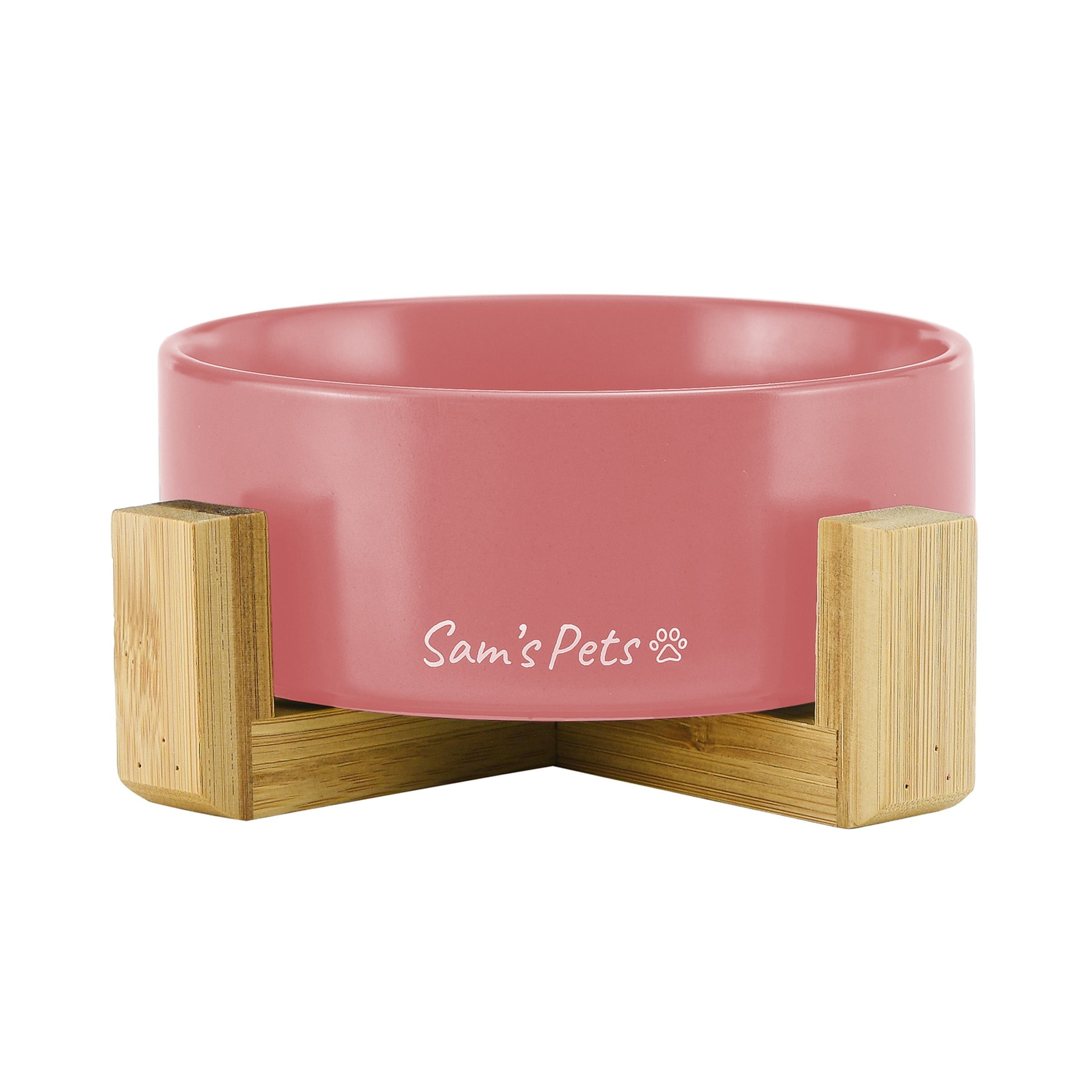 Pink Ceramic Dog Bowl with Wooden Stand