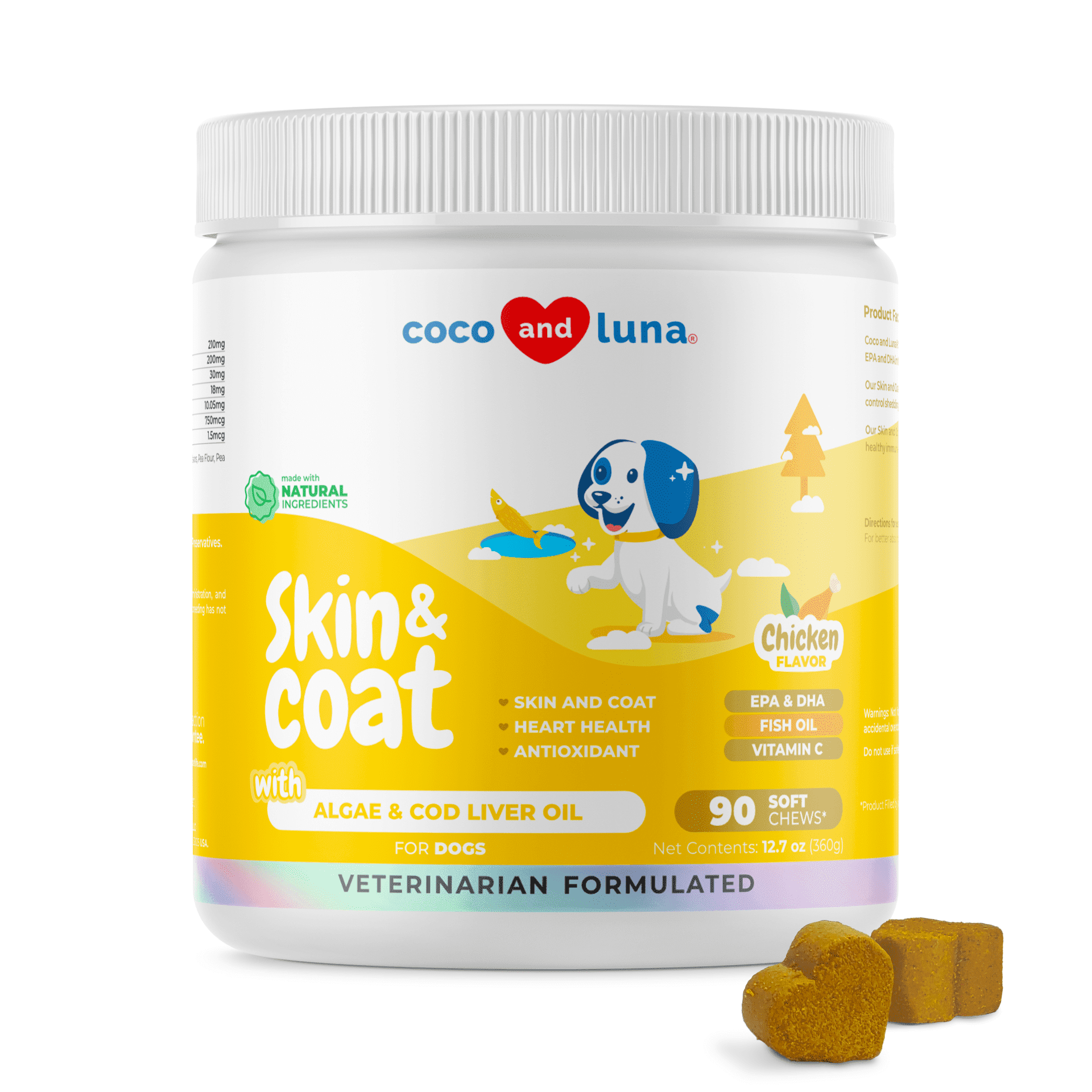 Coco and Luna Omega 3 Fish Oil for Dogs - Anti-Shedding, Itchy, Dry Skin - 90 Soft Chews