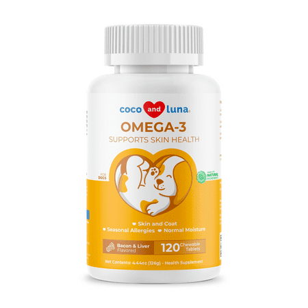 Coco and Luna Omega 3 for Dogs - Dog Shedding, Dry Skin & Heart Support - 120 Chewable Tablets