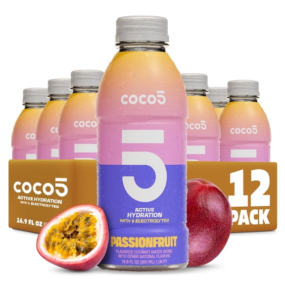 COCO5 Passion Fruit Coconut Water, Active Hydration Tropical Electrolyte Drink, 50% Less Sugar, Caffeine Free, Vegan, 16.9 oz, 12 Count
