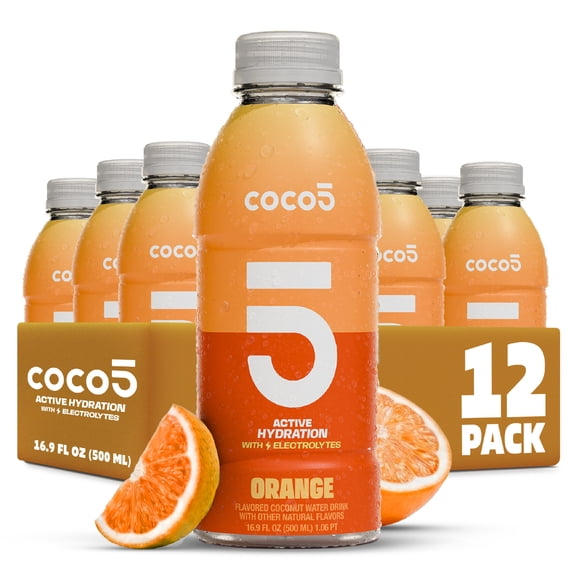COCO5 Orange Coconut Water, Active Hydration Citrus Electrolyte Drink, 50% Less Sugar, Caffeine Free, Vegan, 16.9 oz, 12 Count