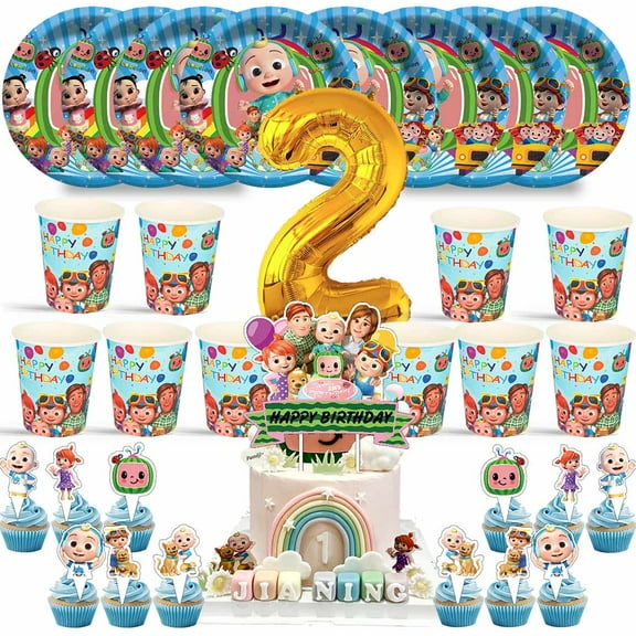 CocoBaby Birthday 2nd Cups Party Supplies Plates Fans Decorations Cake Topper Decor