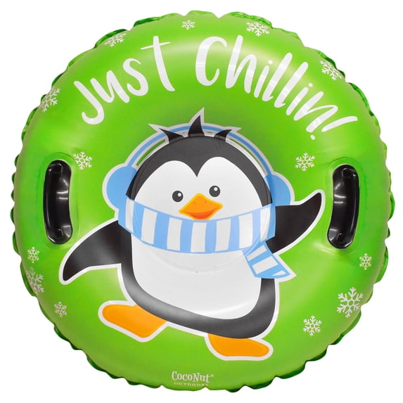 CocoNut Outdoor: Just Chillin Green Penguin -32" Inflatable Penguin Junior Snow Tube - Heavy Duty Snow Sled with Sturdy Handles for Kids, Lightweight Snow Tube for Boys and Girls, Kids 5+
