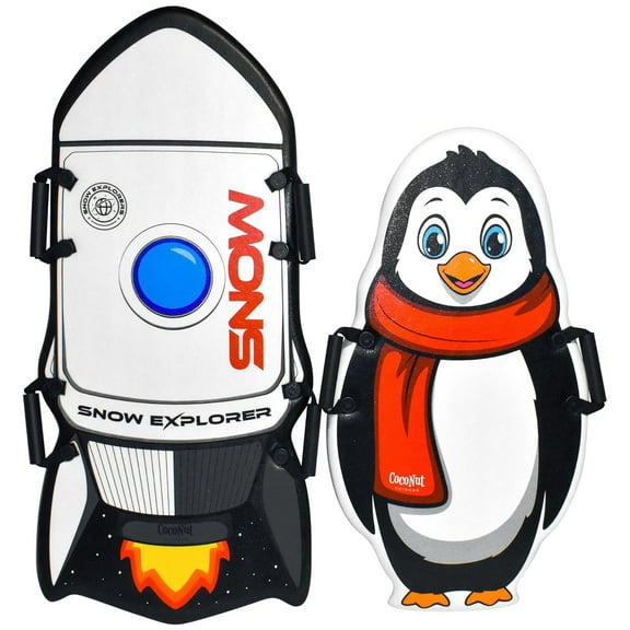 CocoNut Outdoor: Single & Double-Rider Foam Sleds - 2 Pack, Penguin & Rocket Ship - Lightweight Snow Toboggans, Slick Bottom, 110lb Cap, Kids-Teens 5+