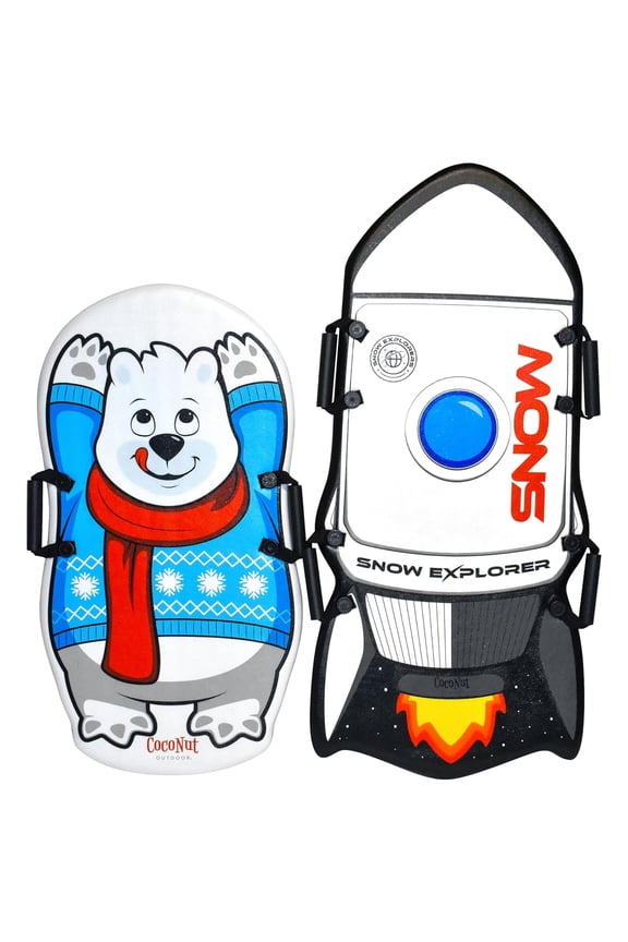: Single & Double-Rider Foam Sleds - 2 Pack, Polar Bear & Rocket Ship - Lightweight Snow Toboggans, Slick Bottom, 110lb Cap Kid-Teen 5+