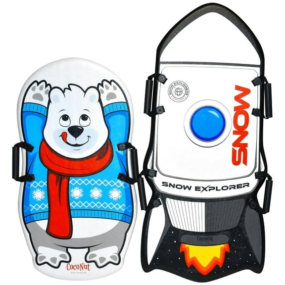 CocoNut Outdoor: Single & Double-Rider Foam Sleds - 2 Pack, Polar Bear & Rocket Ship - Lightweight Snow Toboggans, Slick Bottom, 110lb Cap Kid-Teen 5+