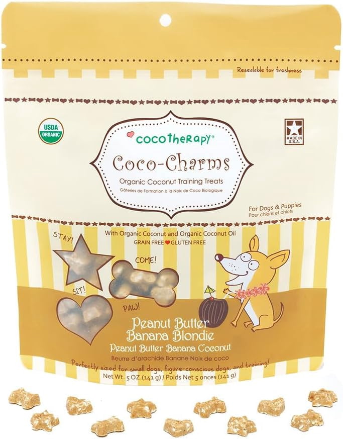 CocoTherapy Coco-Charms Training Treats, 100% USDA Certified Organic, Non-GMO, Vegan, 100% Human Grade, Peanut Butter Banana Blondie, 5 oz.