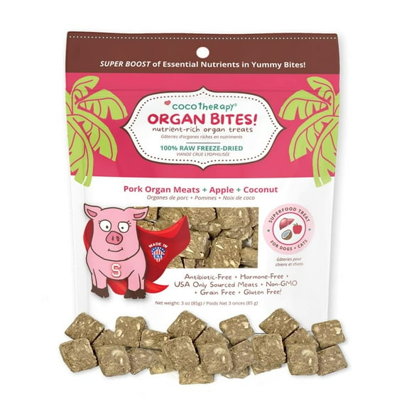 CocoTherapy Organ Bites! Dog and Cat Treat, Pork + Apple, 3 Oz.