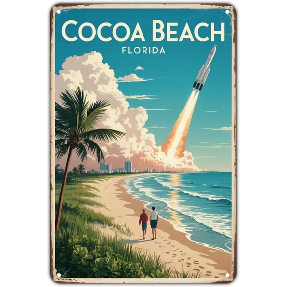 Cocoa Beach Florida tin sign Vintage Rocket Launch Metal Sign for Garden & Yard Bar Porch Garage Home Bedroom Kitchen Decor Gift 8 x 12 easy to hang