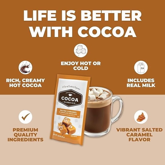 Cocoa Classics Salted Caramel Cocoa Mix, Hot Chocolate, Made with Nonfat Milk, Just Add Hot Water, Make Hot or Iced Cocoa, Gluten Free & Kosher Dairy Friendly, 1.25oz