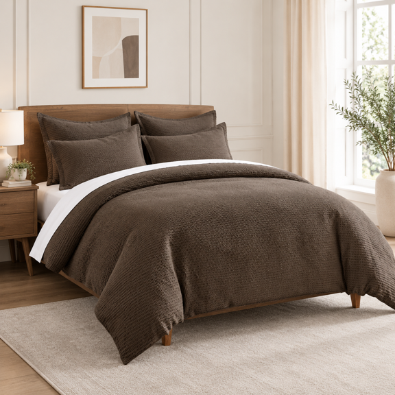 Cocoa King/Cal King Waffle Weave Cotton Comforter Set with 2 Shams
