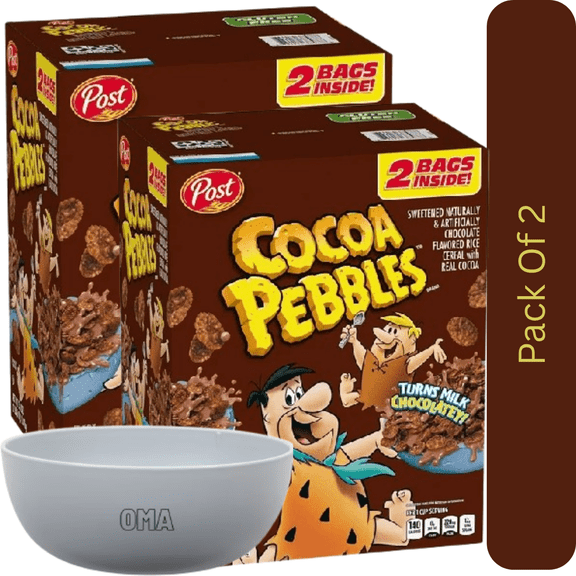 Cocoa Pebbles Sweetened Chocolate Rice Cereal, 38 oz Value Pack With White Bowl By OMA