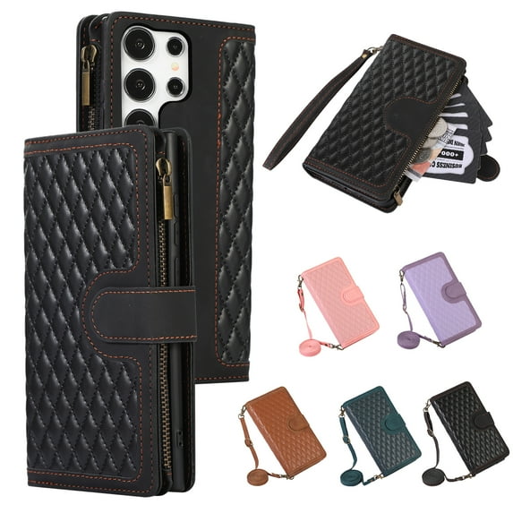 Allytech Samsung Galaxy S25 Ultra Wallet Case, Luxury PU Leather Stand Magnetic Clasp Cover with Wristlet & Shoulder Strap & Card Slots, Zipper Pocket Shockproof Anti-Fall Protective Case, Black