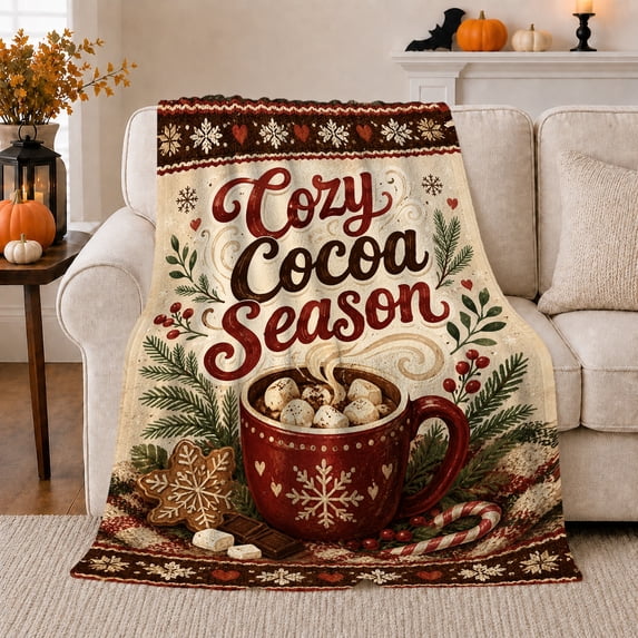 Cocoa Season Mug Text in Festive Winter Style for Cocoa Lovers, Marshmallow Candy Cane Scene, Warm Flannel Blanket for Living Room and Reading Nook, Christmas Gift, Cocoa Home Decor