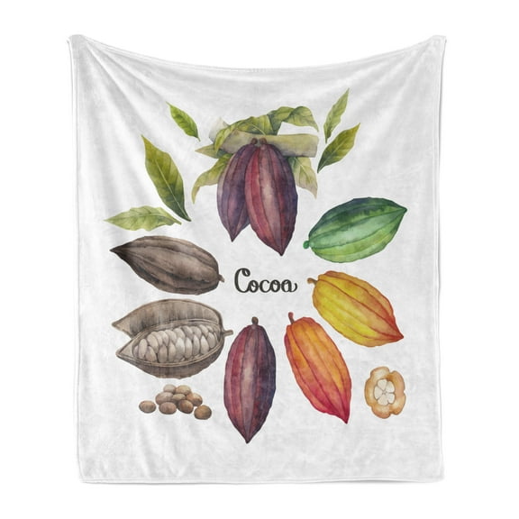 Cocoa Soft Flannel Fleece Throw Blanket, Exotic Food Theme Tropical Organic Botanical Harvest Healthy Plants Watercolor, Cozy Plush for Indoor and Outdoor Use, 50" x 70", Multicolor, by Ambesonne