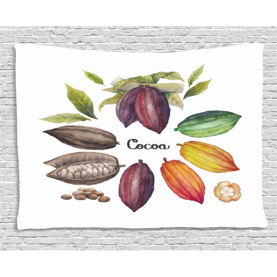 Cocoa Tapestry, Exotic Food Theme Tropical Seed Organic Botanical Harvest Healthy Plants Watercolor, Wall Hanging for Bedroom Living Room Dorm Decor, 80W X 60L Inches, Multicolor, by Ambesonne