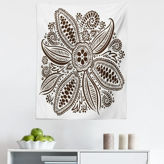 Cocoa Tapestry, Ornamental Cocoa Beans Forming a Flower Chocolate Organic Leaf Illustration, Fabric Wall Hanging Decor for Bedroom Living Room Dorm, 5 Sizes, Dark Brown White, by Ambesonne
