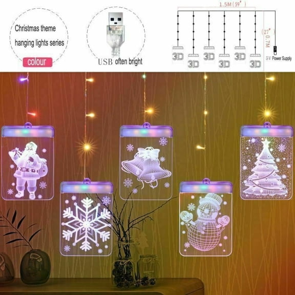Cocobaby 3D LED Curtain String Fairy Lights Christmas Window Hanging Lights with USB Plug