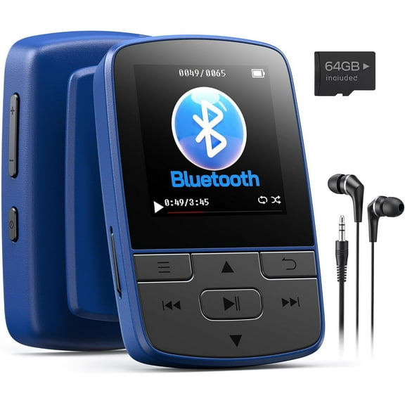 MP3 Players with Bluetooth 5.3 64GB , Sports Clip, HiFi FM Radio, Earphones, Blue