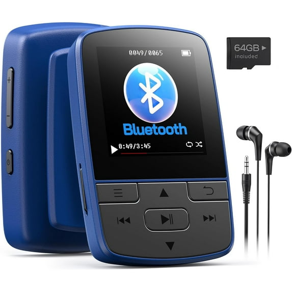 MP3 Players with Bluetooth 5.3 64GB , Sports Clip, HiFi FM Radio, Earphones, Blue