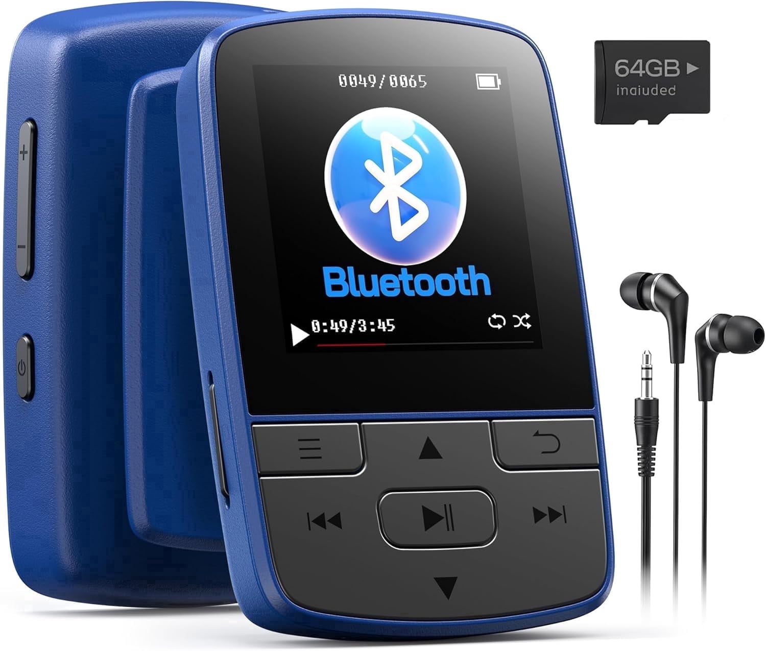 CocoBear MP3 Player with Bluetooth 5.3, 64GB Portable Music Player with Clip, HiFi Sound, FM Radio, Earphones Included, Blue