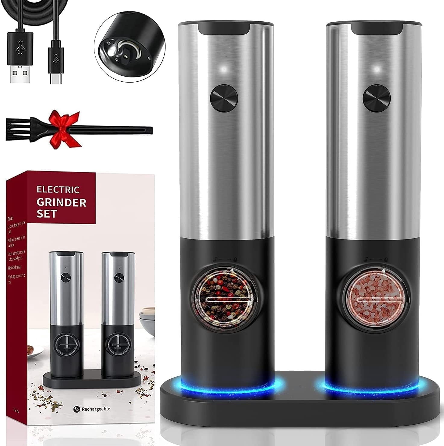 AsFrost 2Pcs Electric Salt and Pepper Grinder Set USB Rechargeable Base, No Battery Needed, One Handed Operation, Automatic Powered Spice Mill Shakers Refillable, Adjustable Coarseness, LED Light