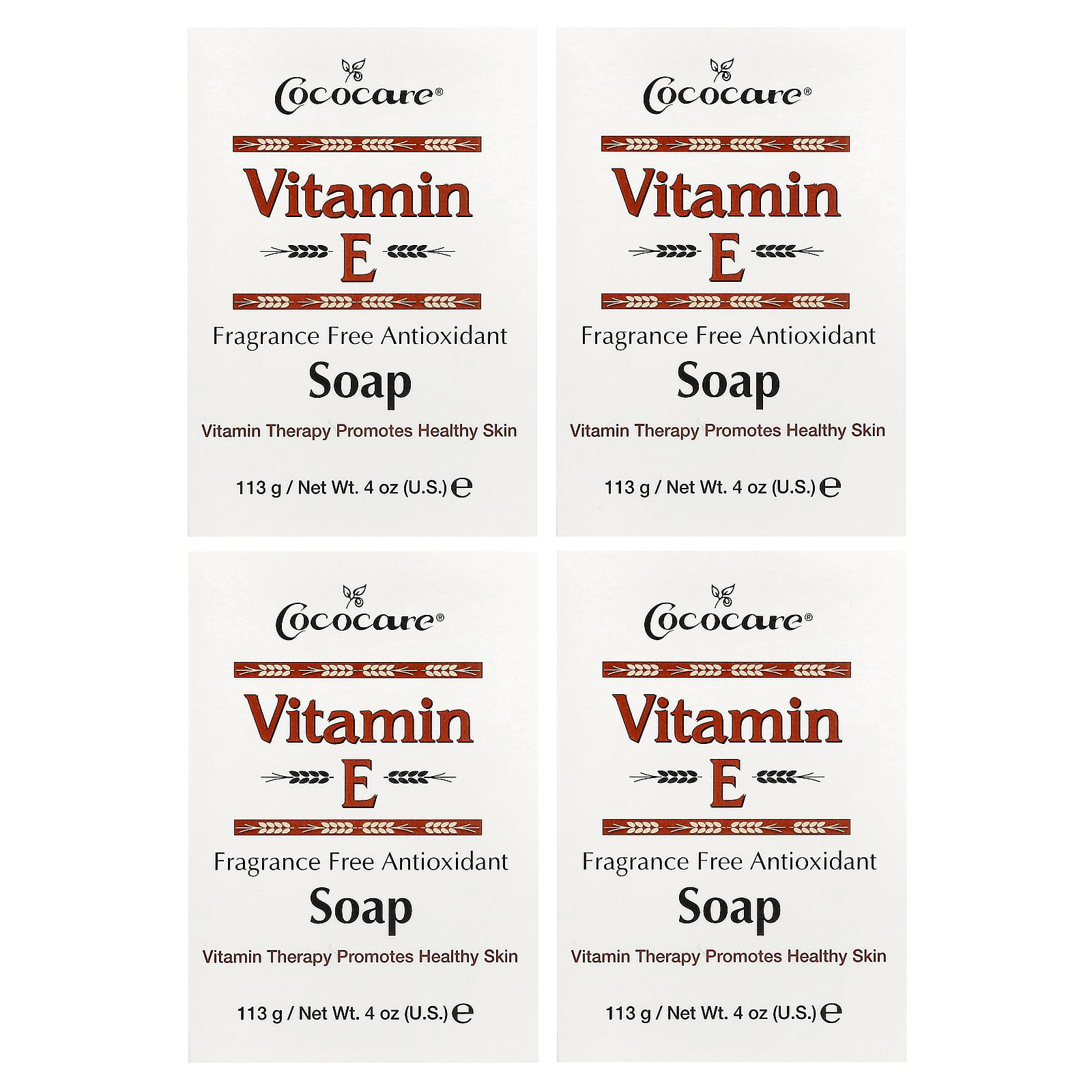 Cococare Vitamin E Bar Soap, Fragrance Free, 4 Pack, 4 oz (113 g) Each