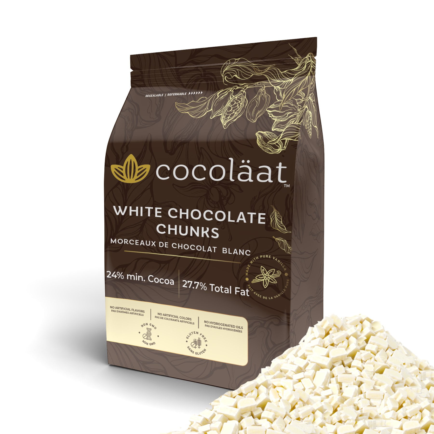 Cocoläat White Chocolate Chunks | 600 Count Size | Resealable Stand Up Pouch | 2 Pounds