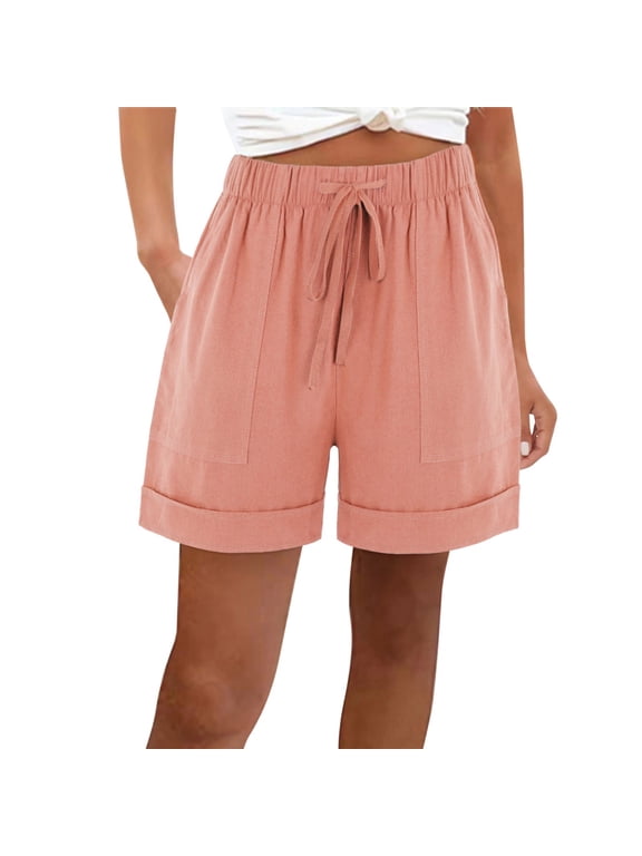Linen Shorts for Women Casual Drawstring Elastic Waist Shorts Comfy Wide Leg Shorts Summer Pull On Shorts with Pockets