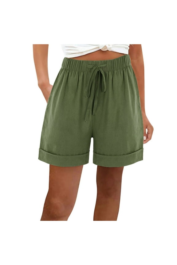 Linen Shorts for Women Casual Drawstring Elastic Waist Shorts Comfy Wide Leg Shorts Summer Pull On Shorts with Pockets