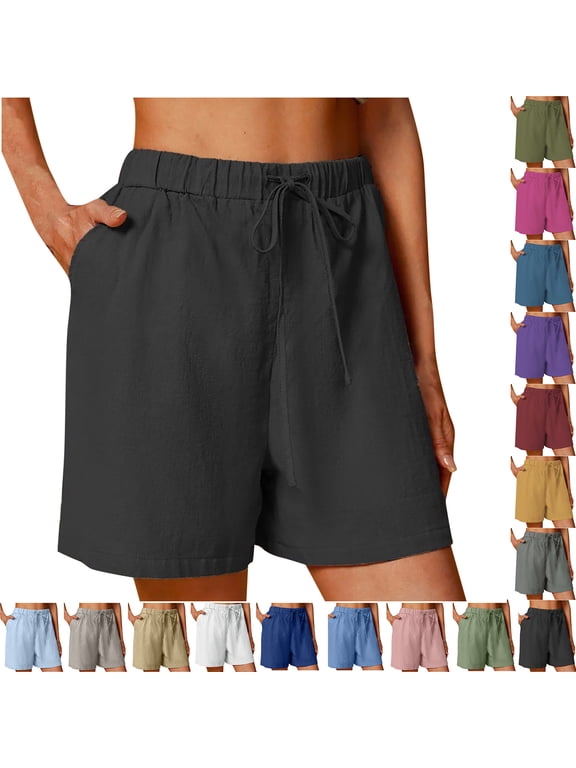 Plus Size Shorts for Women Casual Cotton Linen Drawstring High Waisted Comfy Bermuda Shorts Beach Vacation Wide Leg Shorts with Pockets