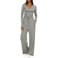 thumbnail image 1 of Chiccall Womens 2 Piece Outfits 2025 Fall Tracksuits Long Sleeve V Neck Cropped Tops High Waisted Wide Leg Drawstring Pants Trendy Lounge Workout Sets, 1 of 7