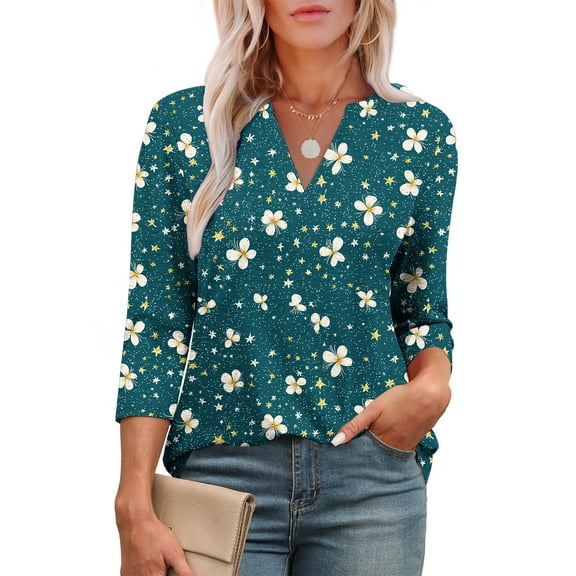 Chiccall Womens Tops 3/4 Length Sleeve Crew Neck Dressy Casual Fall T Shirts Trendy Pleated Front Curved Hem Tunic Blouse