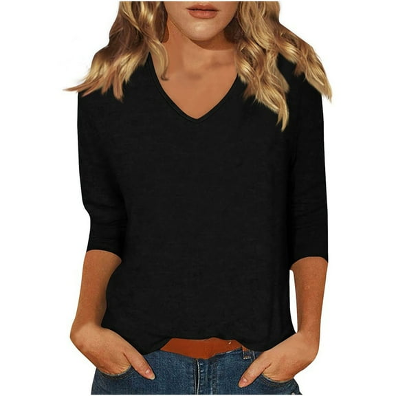 Chiccall Womens Tops 3/4 Length Sleeve Crew Neck Dressy Casual Fall T Shirts Trendy Pleated Front Curved Hem Tunic Blouse