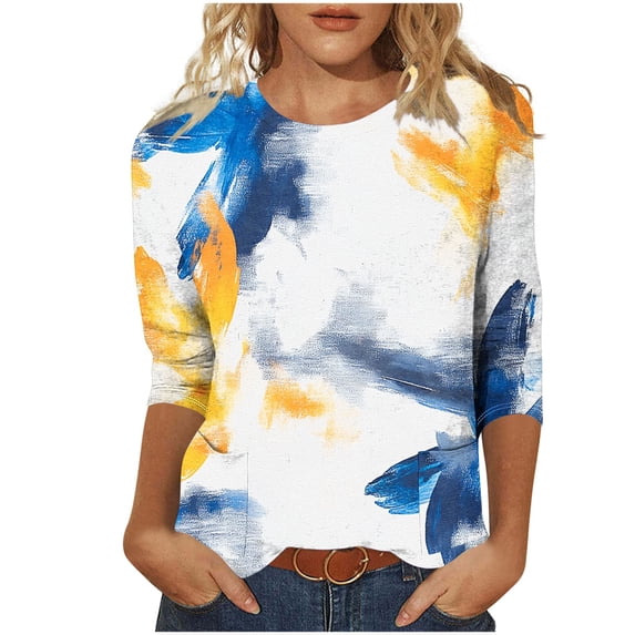 Chiccall Womens Tops Colorblock Crew Neck 3/4 Sleeve T-Shirts Casual Fall Tops Basic Cute Comfy Tunic Blouse