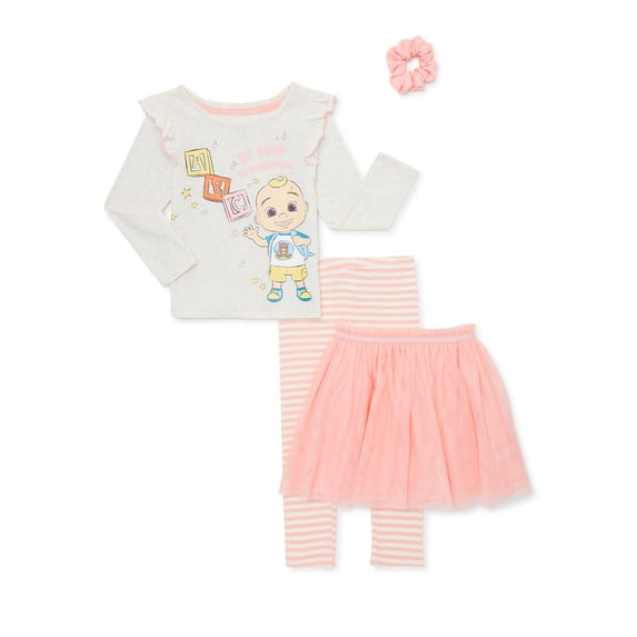 Cocomelon Baby and Toddler Girls Long Sleeve Top, Tutu, Leggings and Scrunchie, 4-Piece Outfit Set, 12 Months-5T