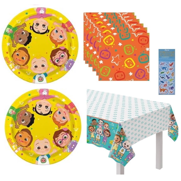 Cocomelon Birthday Party Supplies Bundle Pack includes 16 Dessert Paper Plates 7", 16 Lunch Napkins,  1 Plastic Table Cover (Bundle for 16)