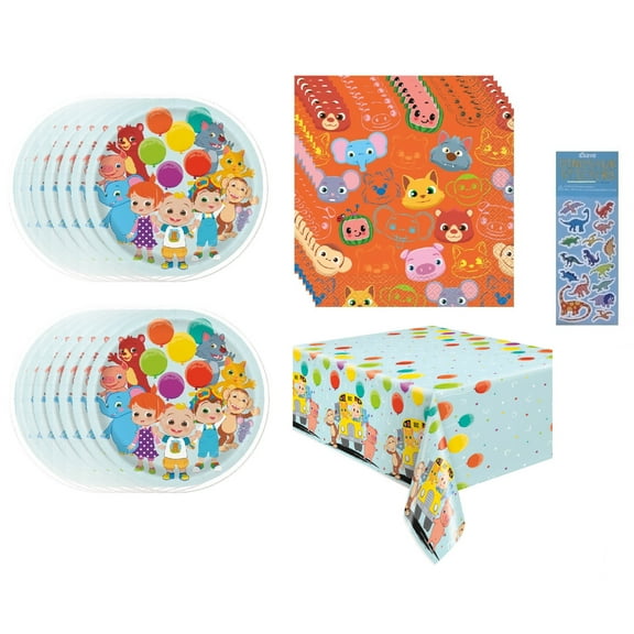 Cocomelon Birthday Party Supplies Bundle Pack includes 16 Lunch Paper Plates, 16 Lunch Paper Napkins, 1 Plastic Table Cover (Bundle for 16)