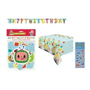 Cocomelon Birthday Party Supplies Bundle includes 1 Happy Birthday Banner, 1 Plastic Table Covers and 1 Dinosaur Sticker Sheet