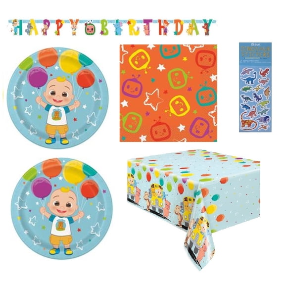 Cocomelon Birthday Party Supplies Bundle includes 16 Lunch Plates, 16 Napkins, 1 Table Cover, 1 Happy Birthday Banner, 1 Dinosaur Sticker Sheet (Bundle for 16)