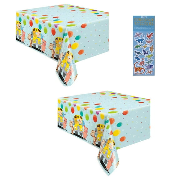 Cocomelon Birthday Party Supplies Bundle includes 2 Plastic Table Covers and 1 Dinosaur Sticker Sheet