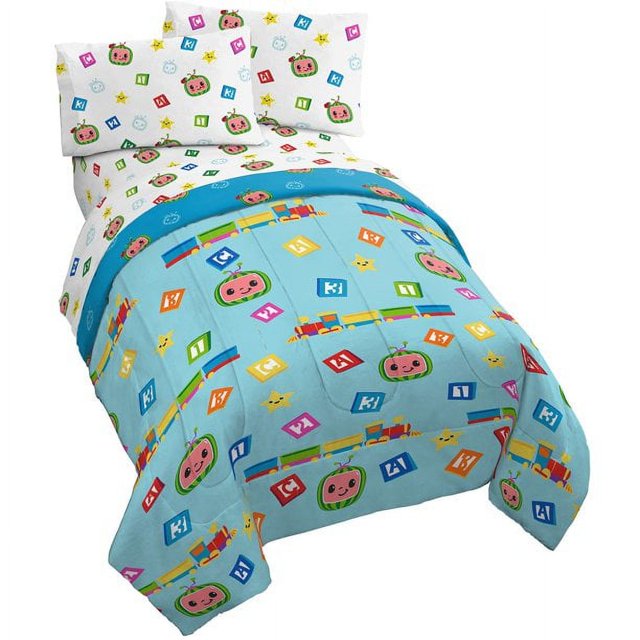 Colorful Blocks Blue 5 Piece Full Bed Set w/ Tote Bag, 100 Microfiber