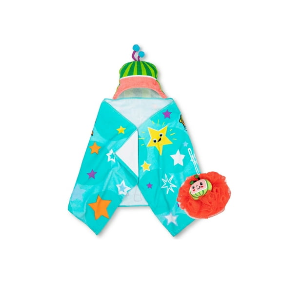 Cocomelon Kids Hooded Towel and Character Loofah Set, Cotton, Blue, Moonbug