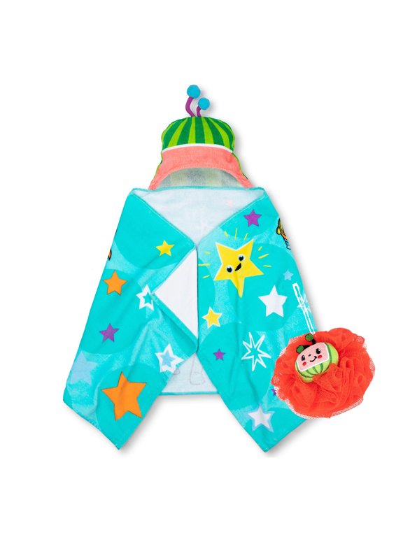 Cocomelon Kids Hooded Towel and Character Loofah Set, Cotton, Blue, Moonbug