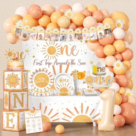 Cocomigo 232pcs First Trip Around the Sun Decorations, One-stop Package Includes 59.1 x 39.4 in Backdrop 40 First Trip Around the Sun Plates 100 Balloons for First Birthday Party Y101