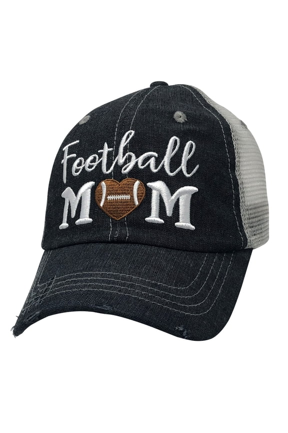 Embroidered Football Mom Mesh Trucker Style Hat Cap Football MOM Heart Gift Mothers Day Dark Grey
