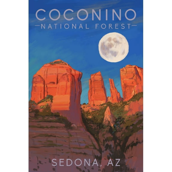 Coconino National Forest, Arizona, Cathedral Rock, Moon, Oil Painting (24x36 Giclee Gallery Art Print, Vivid Textured Wall Decor)