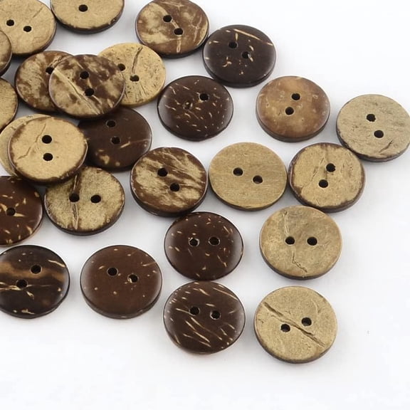 Coconut 100 pc 2-Hole Flat Round Coconut Buttons Coconut Brown 15x3mm Hole: 2mm