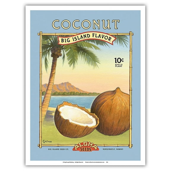 Coconut - Aloha Seeds - Big Island Seed Company - Big Island Flavor - Vintage Seed Packet by Kerne Erickson - Master Art Print (Unframed) 9in x 12in