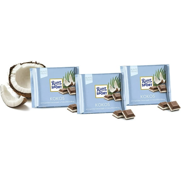 Coconut - Alpine Milk Chocolate with Coconut milk Cream and crunchy Coconut Flakes 3 x 100 g, Ritter Sport / Germany